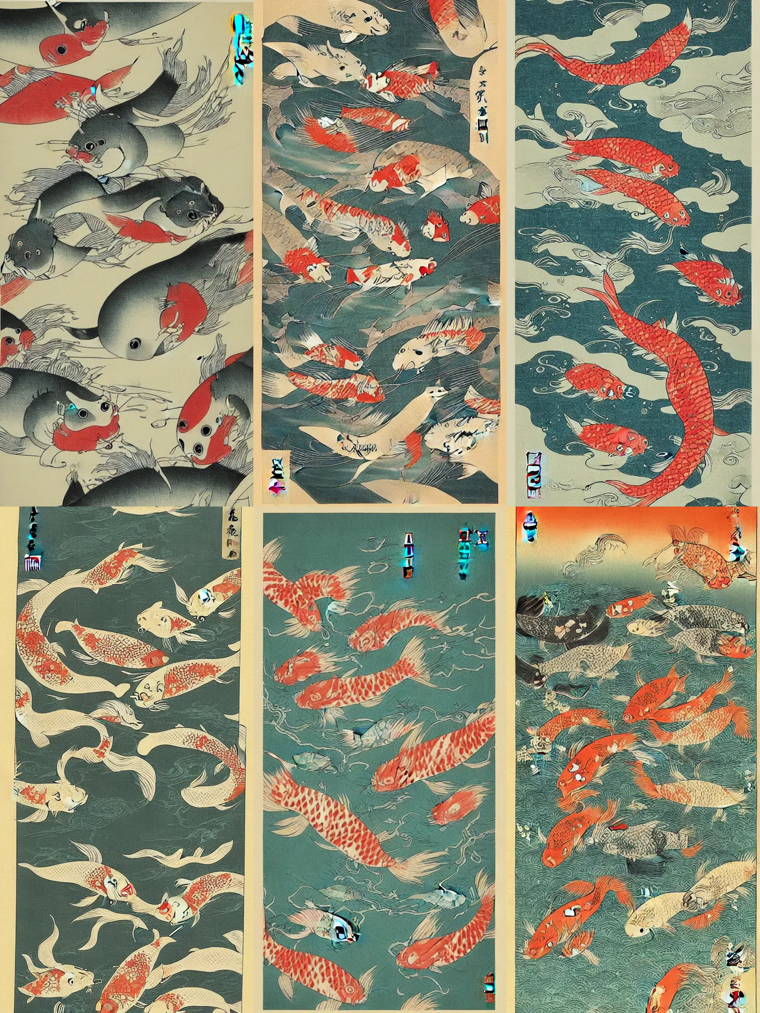 Prompt: “Japanese fish print of samurai cats battling koi fish”