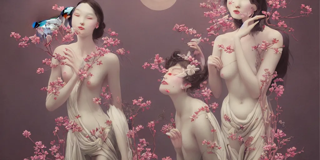 Image similar to breathtaking detailed girl body concept art painting art deco pattern of birds goddesses amalmation flowers, by hsiao - ron cheng, bizarre compositions, exquisite detail, extremely moody lighting, 8 k, art nouveau, old chines painting