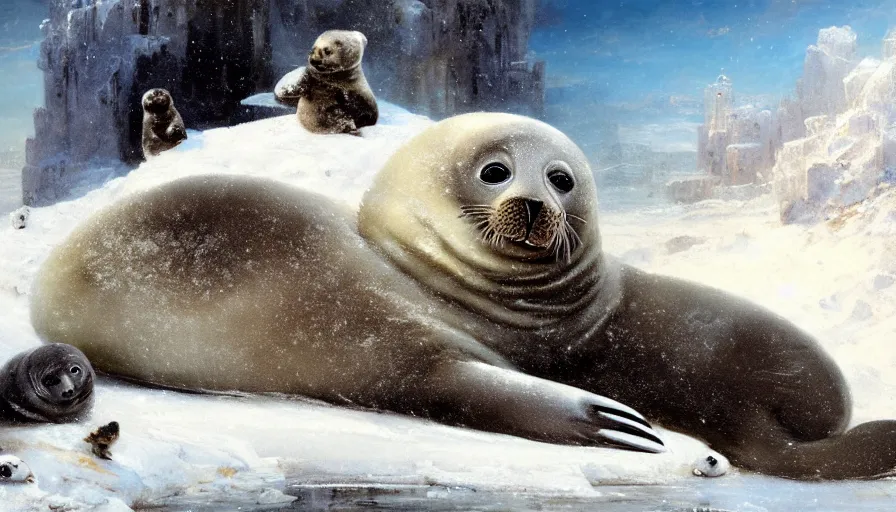 Image similar to highly detailed closeup painting of daddy seal looking after cute furry white baby seals inside a snowy fantasy ice crystal cavern by william turner, by greg rutkowski, by william constable, thick brush strokes and visible paint layers, 4 k resolution