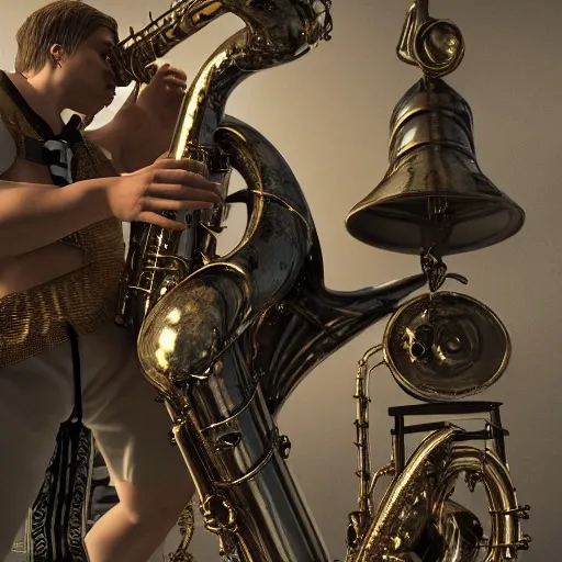 Image similar to anglo saxons playing saxophones sacking sacremento, trending on artstation, dramatic lighting, octane render, weta digital, micro details, 3 d sculpture, structure, ray trace, insane details, intricate, elite, ornate,