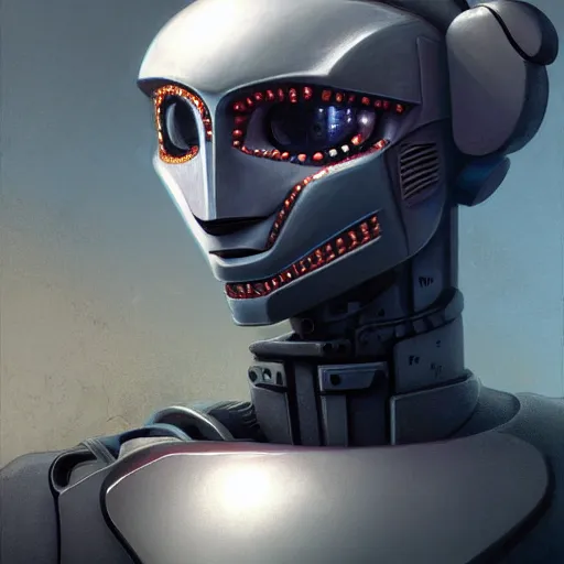 Image similar to detailed character concept art portrait of a masked robot in a city, trending on artstation, award - winning video game concept art by jim burns and greg rutkowski, beksinski, a sci - fi concept art masterpiece, james gilleard, bruegel, alphonse mucha, and yoshitaka amano.