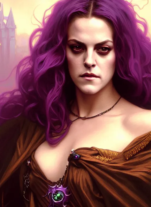 Image similar to portrait of riley keough as a vampire queen, jewelry, greek, purple, intricate, headshot, highly detailed, digital painting, artstation, concept art, sharp focus, cinematic lighting, illustration, art by artgerm and greg rutkowski, alphonse mucha, cgsociety