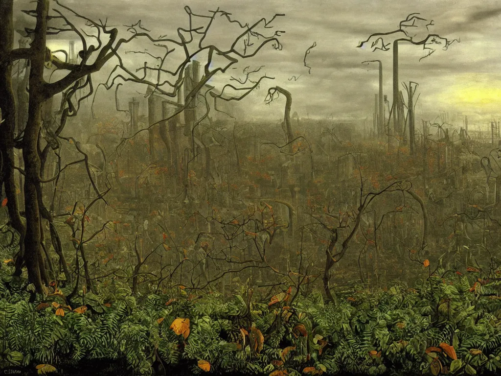 Prompt: Apocalypse with vegetation, leaves, creepers, ivy, ferns taking over the industrial metropolis, toxic, machinery, factory. Thunderstorm, autumn light. Painting by Caspar David Friedrich, Yves Tanguy