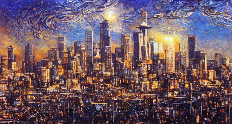 Image similar to Seattle skyline, by Karol Bak