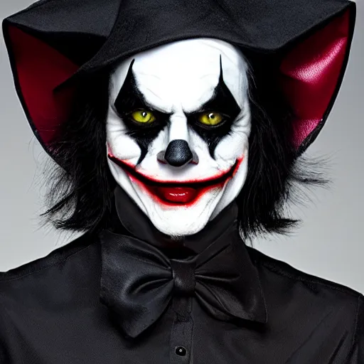 Image similar to a cat wearing a black leather hat in joker makeup, frontal view, cool looking