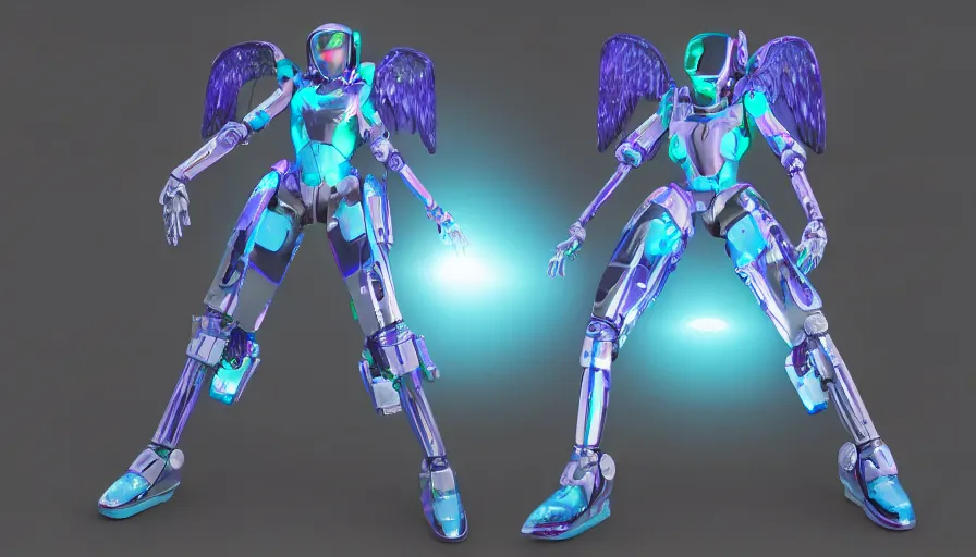 Image similar to holograph, female robot mech suit, angel wings, evangelion, quixel megascans, glitchpunk, character portrait