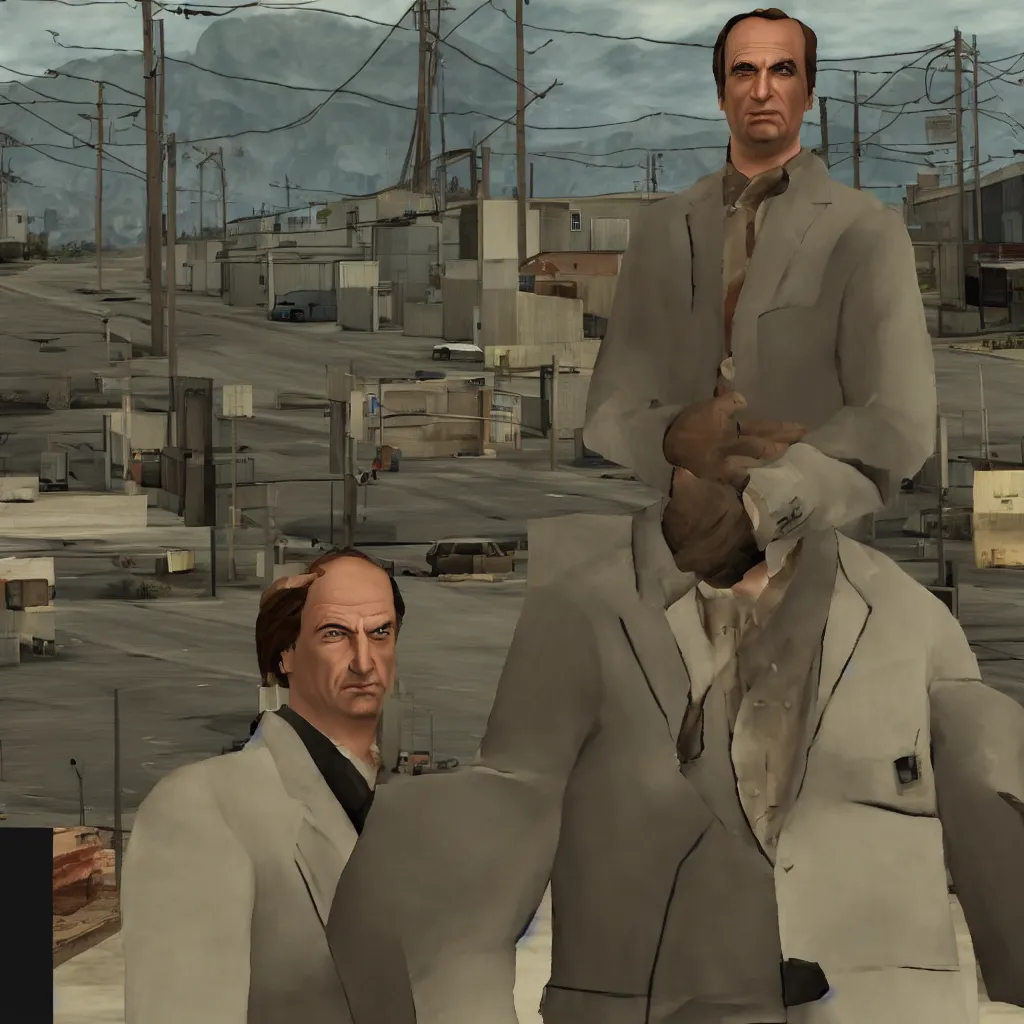 Image similar to Saul Goodman in a GTA San Andreas mission cutscene with CJ, game screenshot