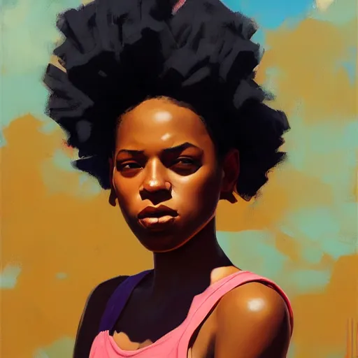 Prompt: Greg Manchess portrait painting of an afropunk teenager girl character, medium shot, asymmetrical, profile picture, Organic Painting, sunset sunny day, matte painting, bold shapes, hard edges, detailed, street art, trending on artstation, by Huang Guangjian and Gil Elvgren and Sachin Teng