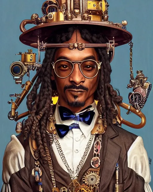 Image similar to steampunk snoop dog, masterpiece, intricate, elegant, highly detailed, digital painting, artstation, concept art, smooth, sharp focus, illustration, art by artgerm and greg rutkowski and alphonse mucha and uang guangjian and gil elvgren and sachin teng, symmetry!!