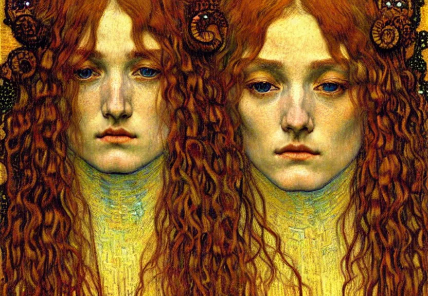 Image similar to detailed realistic beautiful young medieval queen face portrait by jean delville, gustav klimt and vincent van gogh, art nouveau, symbolist, visionary, gothic, pre - raphaelite, muted earthy colors, desaturated