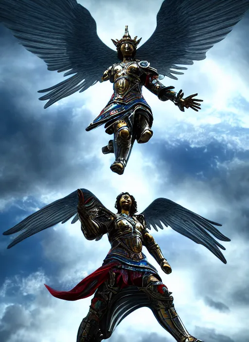 Image similar to archangel micheal flying in sky by huang guangjian, taekwon kim rostbite 3 engine, cryengine, dof, trending on artstation, digital art, chanel, dior, fantasy and detailed and intricate background