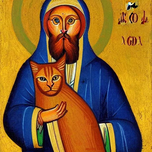 Prompt: russian orthodox christian church painting of a ginger cat by andrey rublev, oil painting,