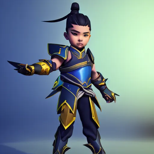 Image similar to a young boy with the appearance and armor of hanzo from overwatch, design, octane render, 4 k, ingame shot