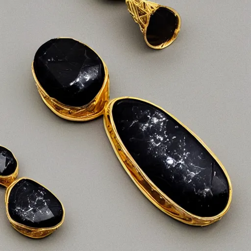 Prompt: a smooth, black, perfectly ellipsoidal onyx gemstone with a mottled white pattern. wrapped around its exterior, encompassing its equator and both poles, is a complex and layered fractal filigree of gold metal.