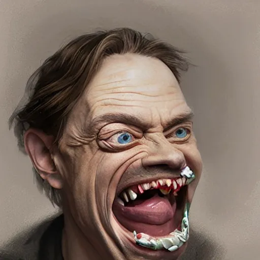 Prompt: hyper realistic absurd, silly, making insane faces, steve buscemi riding a tiny tricycle, painted by greg rutkowski, wlop, artgerm