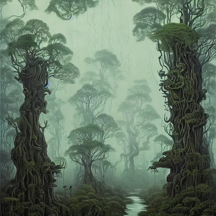 Image similar to charles burchfield art painting, beautiful arboreal forest by Adriaan Herman Gouwe, oregon washington rain forest by beeple, a beautiful and insanely detailed matte painting of alien dream worlds with surreal architecture designed by Heironymous Bosch, mega structures inspired by Heironymous Bosch's Garden of Earthly Delights, vast surreal landscape and horizon by Jim Burns, rich pastel color palette