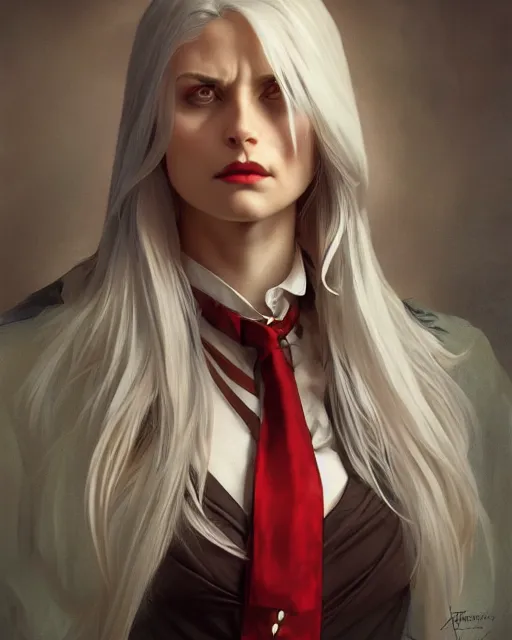 Image similar to female vampire, perfect face, gold waistcoat, long grey hair, red necktie, cinematic, stunning, highly detailed, digital painting, artstation, smooth, hard focus, illustration, art by artgerm and greg rutkowski and alphonse mucha