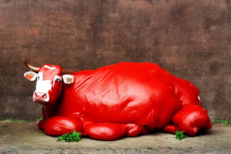 Image similar to a cow covered in tomato ketchup