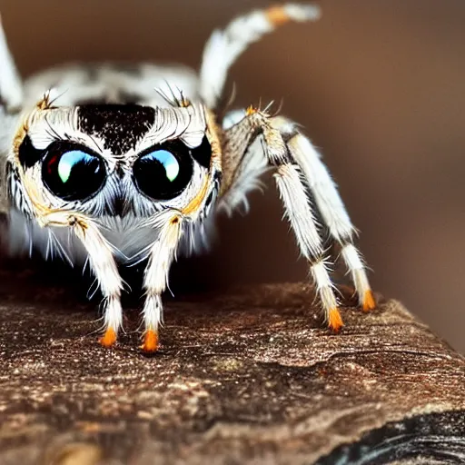 Image similar to jumping spider mixed with owl, cute creature, hybrid, anamorphic lens, bokeh, kodak color film stock, macro shot