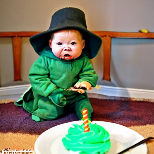 Image similar to (baby yoda) smashing birthday cake into his face, happy birthday, happy birthday candles, mischievous, inquisitive, devious, hilarious, funny, birthday wrapped PRESENTS, by Erin Hanson