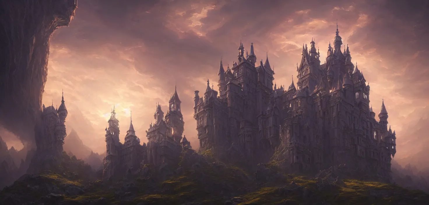 Prompt: an imposing and highly ornamented castle, carved from sapphire stone, cinematic view, epic sky, detailed, concept art, low angle, high detail, warm lighting, volumetric, godrays, vivid, beautiful, trending on artstation, by jordan grimmer, huge scene, grass, art greg rutkowski