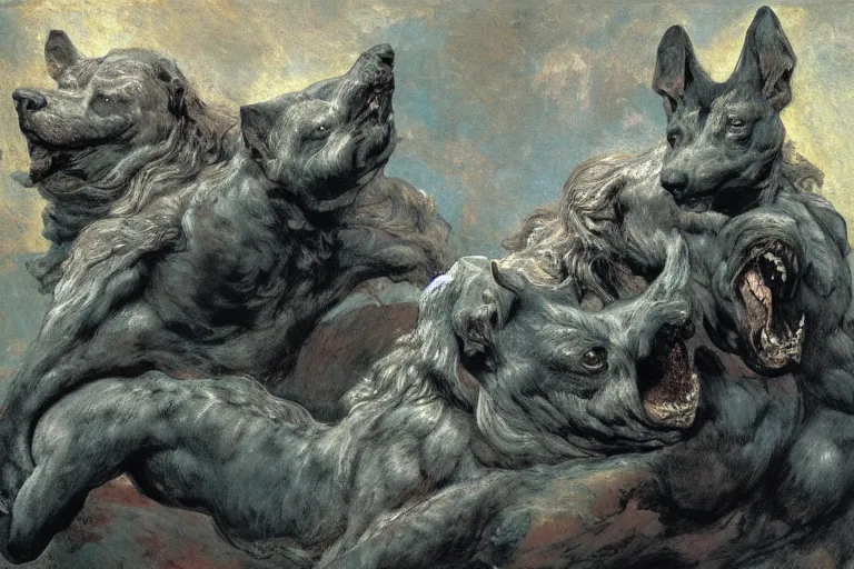 Image similar to hyperdetailed matte art of cerberus by william blake, ilya repin, amano, rene magritte, craig mullins, three headed dog, details