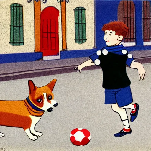 Image similar to book illustration of a french boy on the streets of paris playing football against a corgi, the dog is wearing a polka dot scarf, 1 9 6 6