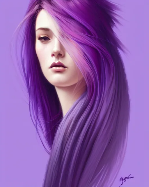 Image similar to Purple hair, creative colouring Portrait of woman face profile, fashion, coloured strands of hair, intricate, elegant, highly detailed, digital painting, artstation, concept art, smooth, sharp focus, illustration, art by artgerm and greg rutkowski and alphonse mucha, 8k