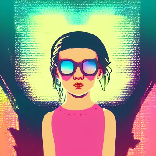 Prompt: a portrait of little girl in retro colors, synthwave style, 2 d digital vector art