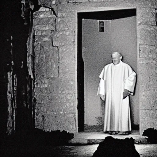 Prompt: award - winning photograph of john paul ii standing in the entrance to a small burning church building, at night, pitch black, christian cross