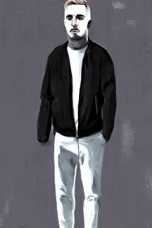 Prompt: extreme long shot. 35 year old blonde russian man in white adidas pants. black jacket. sad face. staying on the street. digital painting