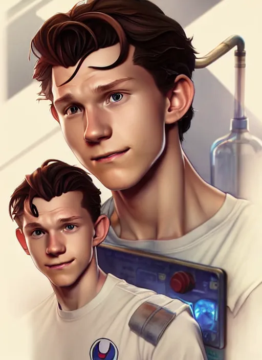 Image similar to cute sweaty tom holland chemist, natural lighting, path traced, highly detailed, high quality, digital painting, by don bluth and ross tran and studio ghibli and alphonse mucha, artgerm