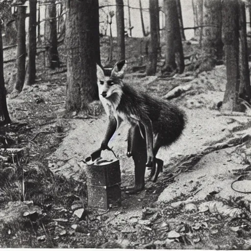 Image similar to anthropomorphic fox man doing fieldwork, 1910s film still