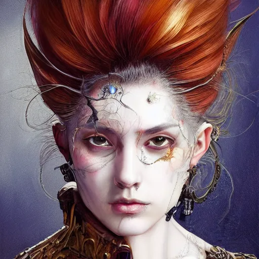 Image similar to portrait, headshot, insanely nice professional hair style, dramatic hair color, digital painting, of a old 17th century, old cyborg merchant, amber jewels, baroque, ornate clothing, scifi, realistic, hyperdetailed, chiaroscuro, concept art, art by Franz Hals and Jon Foster and Ayami Kojima and Amano and Karol Bak,