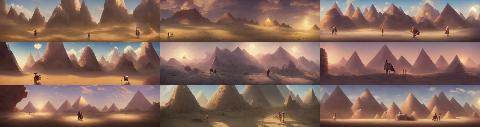 Prompt: a wholesome animation key shot of a desert with pyramide, studio ghibli, pixar and disney animation, sharp, rendered in oil painting, anime key art by greg rutkowski, bloom, dramatic, dynamic lighting