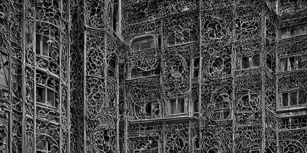 Image similar to elevational photograph of a modern building by Louis Sullivan and H.R. Giger covered in black ironwork vines, Sigma 75mm, ornate, very detailed, hyperrealistic, liminalspaces, Symmetrical composition, centered, intricate, Extreme Long Shot, Dynamic Range, HDR, chromatic aberration, Orton effect, 8k