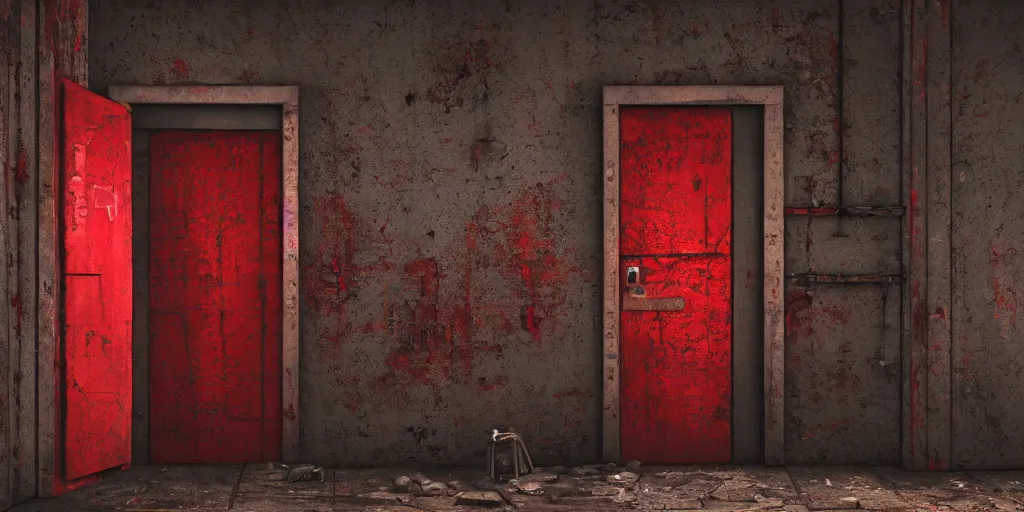 Prompt: red door in a basement, boarded up, padlocks, chains, creepy mood, game art matte painting hyperdetailed, artstation, cgsociety, 8 k, surreal dream landscape