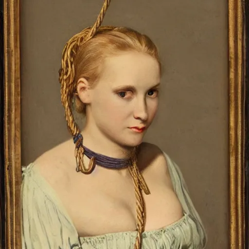 Prompt: portrait, blonde woman in medieval dress, strangled with rope, bluish face, victorian style, high detail