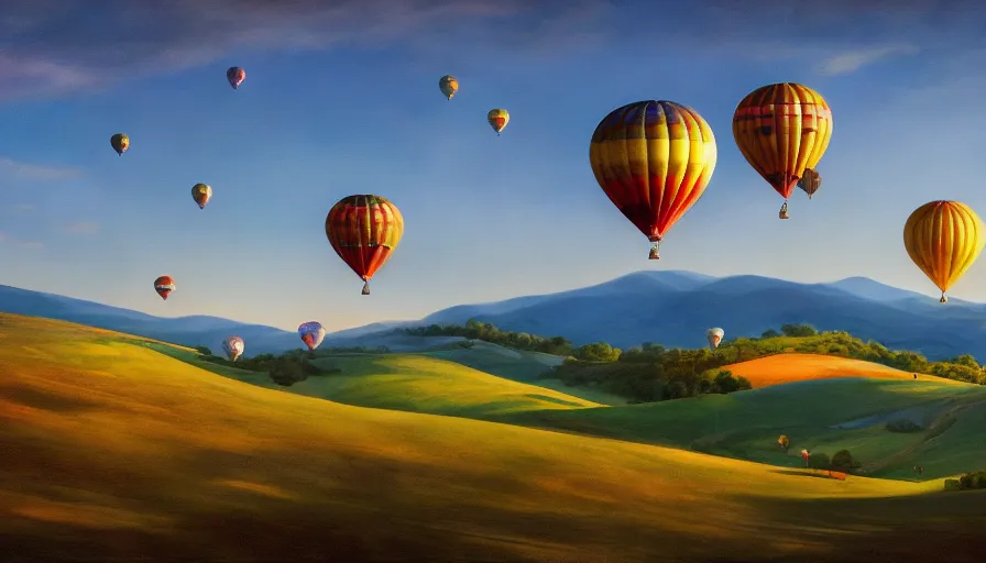 Image similar to a beautiful landscape painting, flying colorful hot air balloons, tuscany hills, by sam guay, moody lighting, hyperrealism, 4 k, octane render