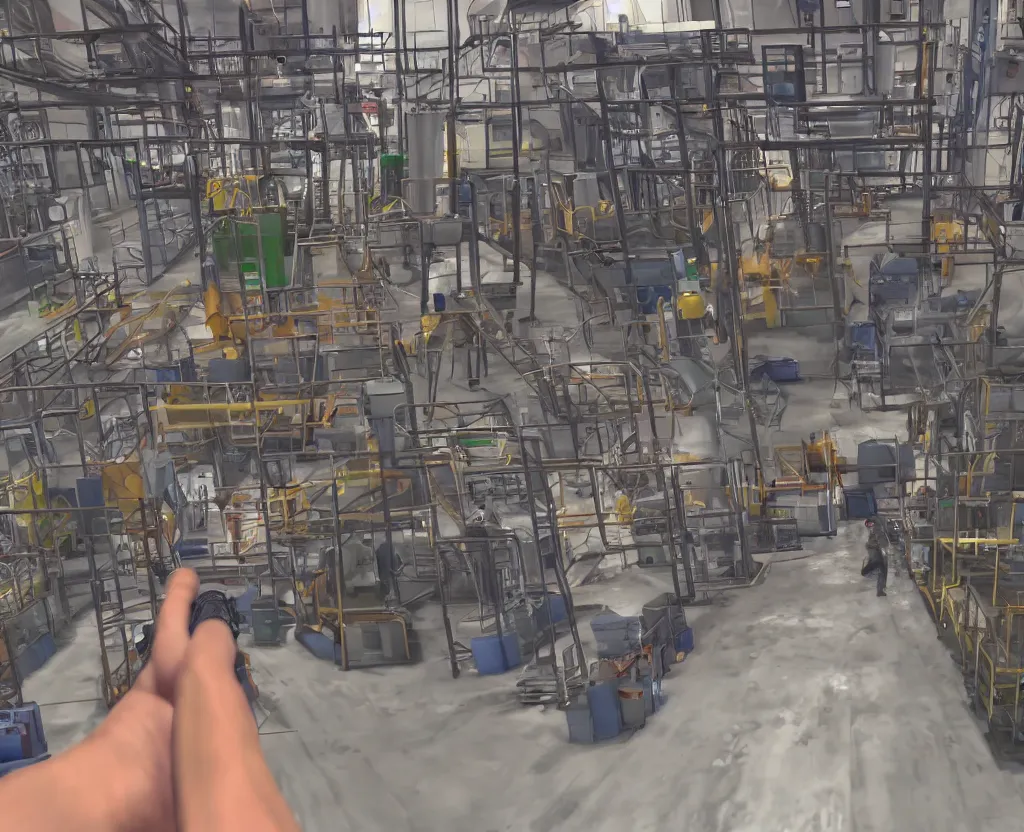 Prompt: first person shooter point of view of a soda factory