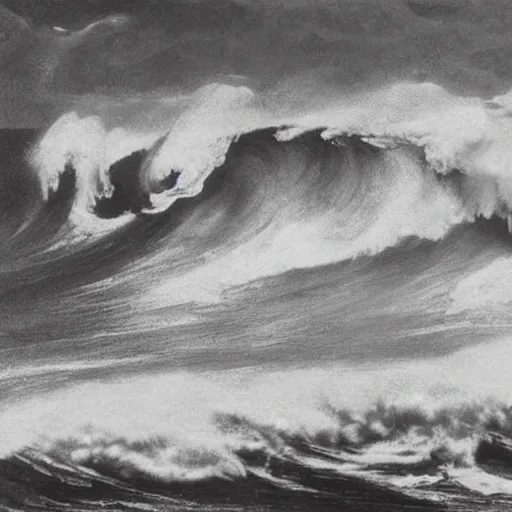 Image similar to by edwin austin abbey, by max dupain jaunty. the digital art of a huge wave about to crash down on three small boats. the boats are filled with people, & they all look terrified.