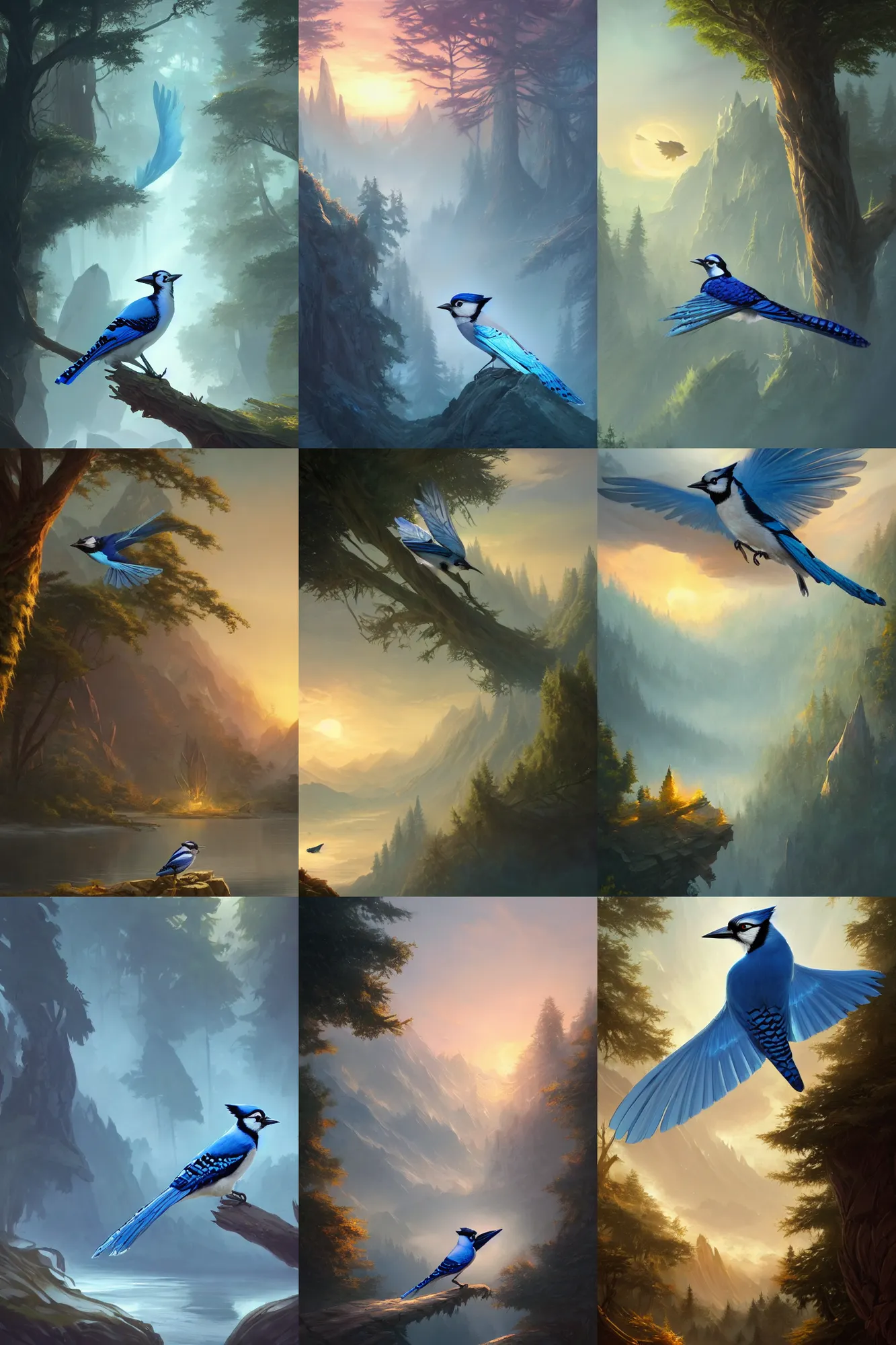 Prompt: a giant Bluejay on a beautiful fantasy landscape, forests, mountains, rivers, sunrise, epic, HD, league of legends spread, illustration, magic the gathering, elegance, ethereal, trending on artstation, greg rutkowski, Greg Hildebrandt