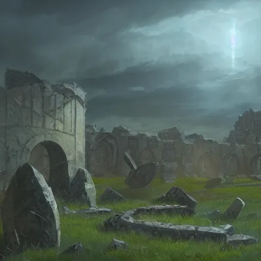 Prompt: RPG battlemap of a field surrounding the ruins of a fallen stone titan, Greg Rutkowski, dramatic lighting, overhead, beautiful lighting