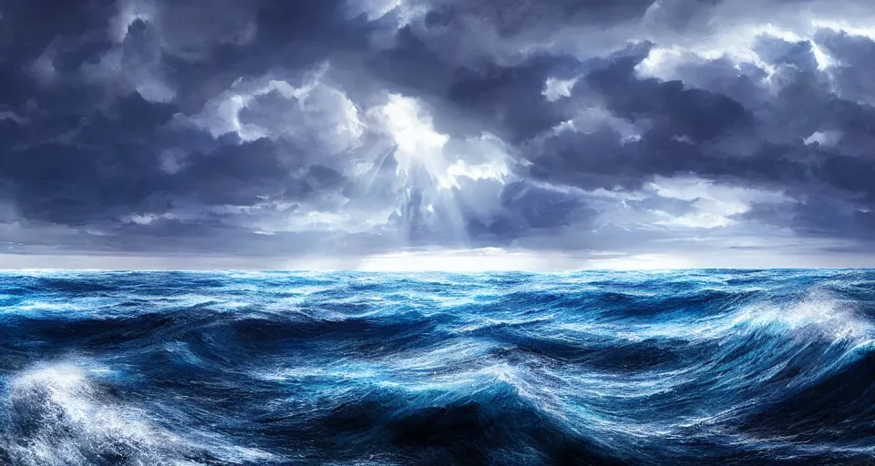 Image similar to ship at sea, big waves, blue skies, voluminous clouds, dramatic lighting, sunshine rays, deep colors, masterpiece, amazing, beautiful, light bloom, photo - realistic, hyperdetailed, hyperrealistic, photography, 8 k resolution, behance hd, trending in artstation