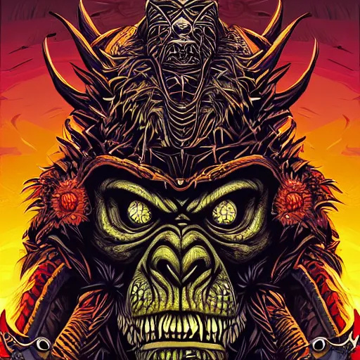 Image similar to barong family member, wiwek, mara demon, one single tribe member, jungle, one single mask, dark, ancient warrior, gorilla, lizard, tribal, inner glow, art by dan mumford and justin gerard