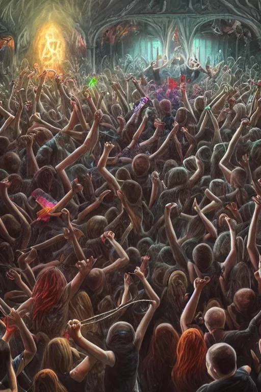 Image similar to a death metal band playing on a little kid party, mosh pit, wide angle, super highly detailed, professional digital painting, artstation, concept art, smooth, sharp focus, no blur, no dof, extreme illustration, Unreal Engine 5, Photorealism, HD quality, 8k resolution, cinema 4d, 3D, beautiful, cinematic, art by artgerm and greg rutkowski and alphonse mucha and loish and WLOP