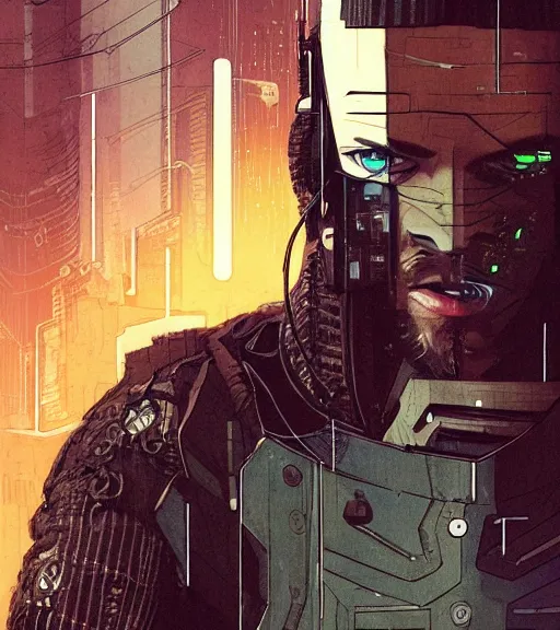 Image similar to a cyberpunk man with multiple digital patchwork faces, techwear, Industrial Scifi, detailed illustration, character portrait, by Martin Grip and Moebius