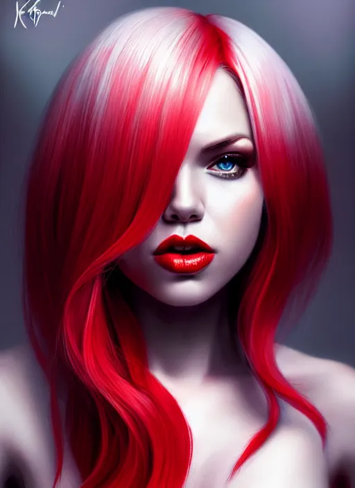 Image similar to photo of kerli koiv with red and white ombre in the style of stefan kostic, realistic, half body shot, sharp focus, 8 k high definition, insanely detailed, intricate, elegant, art by stanley lau and artgerm, foggy backgeound