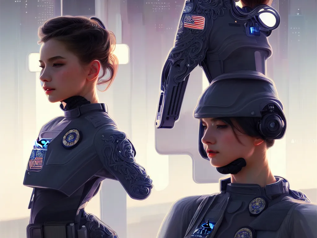 Image similar to portrait futuristic usa police uniform girl, at future neon light rooftop, ssci - fi and fantasy, intricate and very very beautiful and elegant, highly detailed, digital painting, artstation, concept art, smooth and sharp focus, illustration, art by tan zi and ayanamikodon and alphonse mucha and wlop