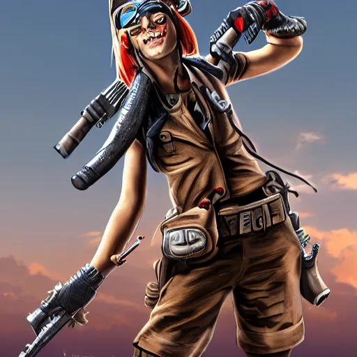 Image similar to tank girl, ultra highly detailed, concept art, fun pose, wild eyes, big hammer, 4 k